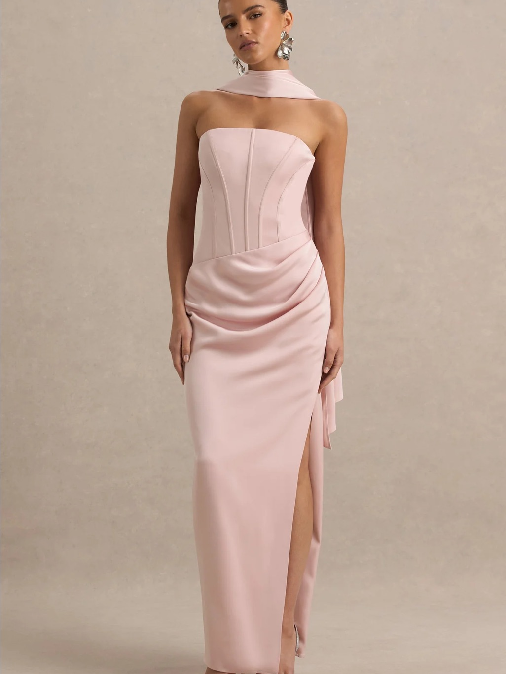 Joseline Pale Pink Satin Corset Wrap Maxi Dress With Scarf
